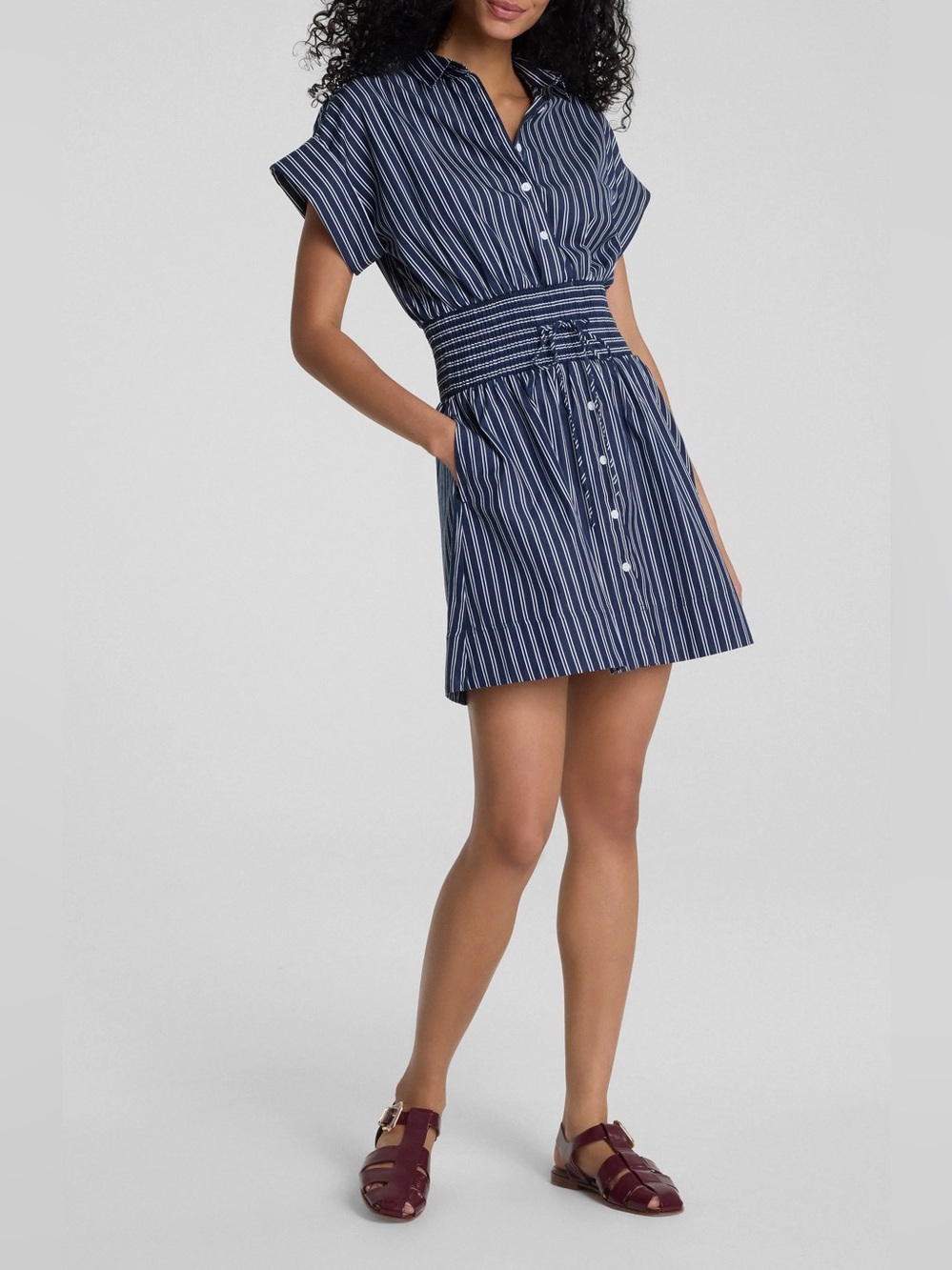 Spanx Pinstriped Supima Cotton Poplin Smocked Mini Shirt Dress Size Large